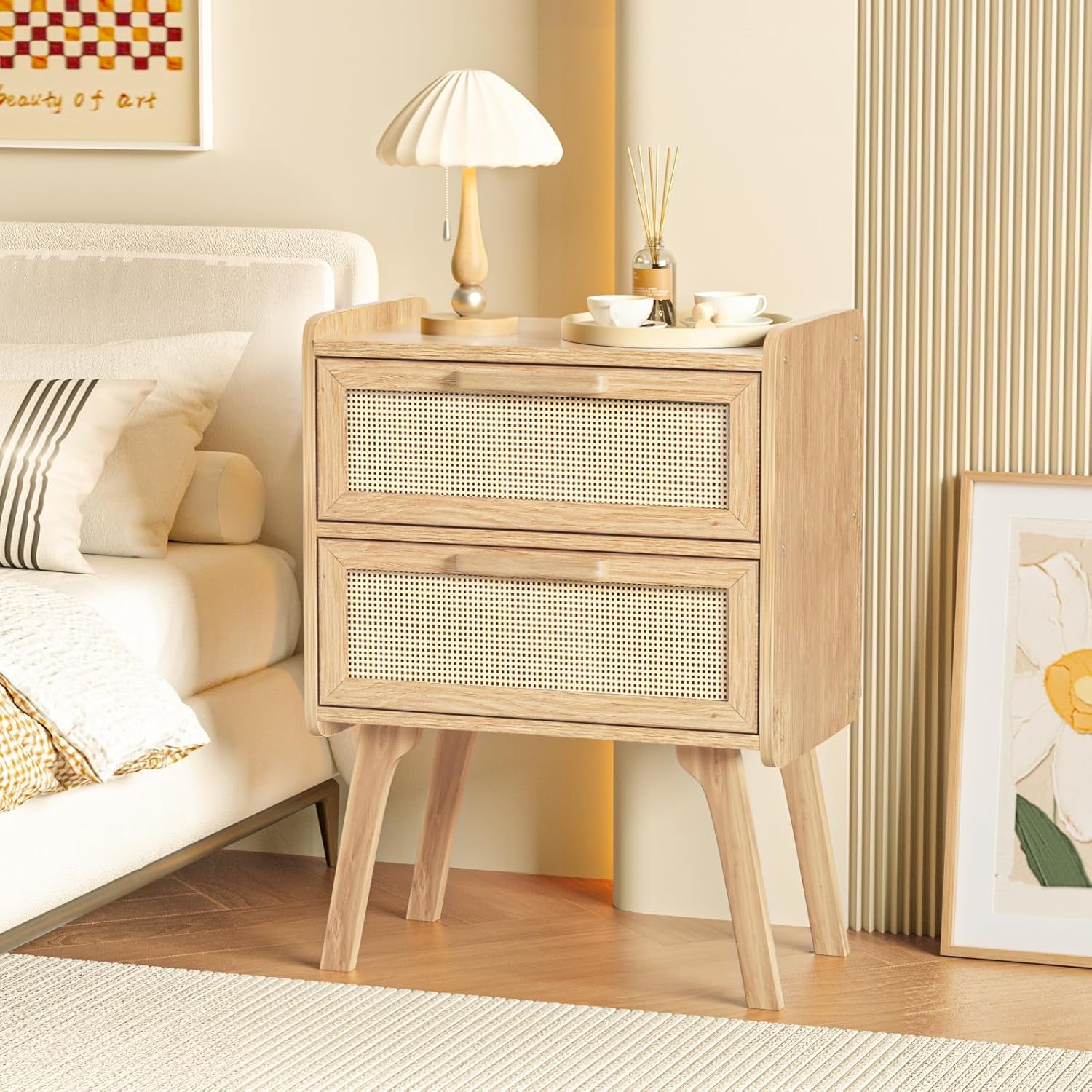 Rattan Nightstands Set of 2, Boho Night Stand with 2 Drawers, Cane Accent Side End Table, Bedside Table with Solid Wood Legs for Bedroom, Dorm and Small Spaces (Natural)