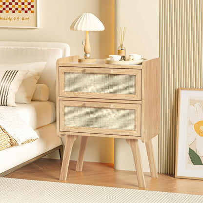 Rattan Nightstands Set of 2, Boho Night Stand with 2 Drawers, Cane Accent Side End Table, Bedside Table with Solid Wood Legs for Bedroom, Dorm and Small Spaces (Natural)