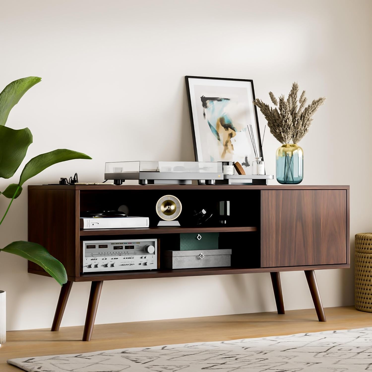 TV Stand for 48 Inch TV, Mid Century Modern Entertainment Center with Storage Cabinet, TV Media Console for Living Room, Bedroom, Dark Brown