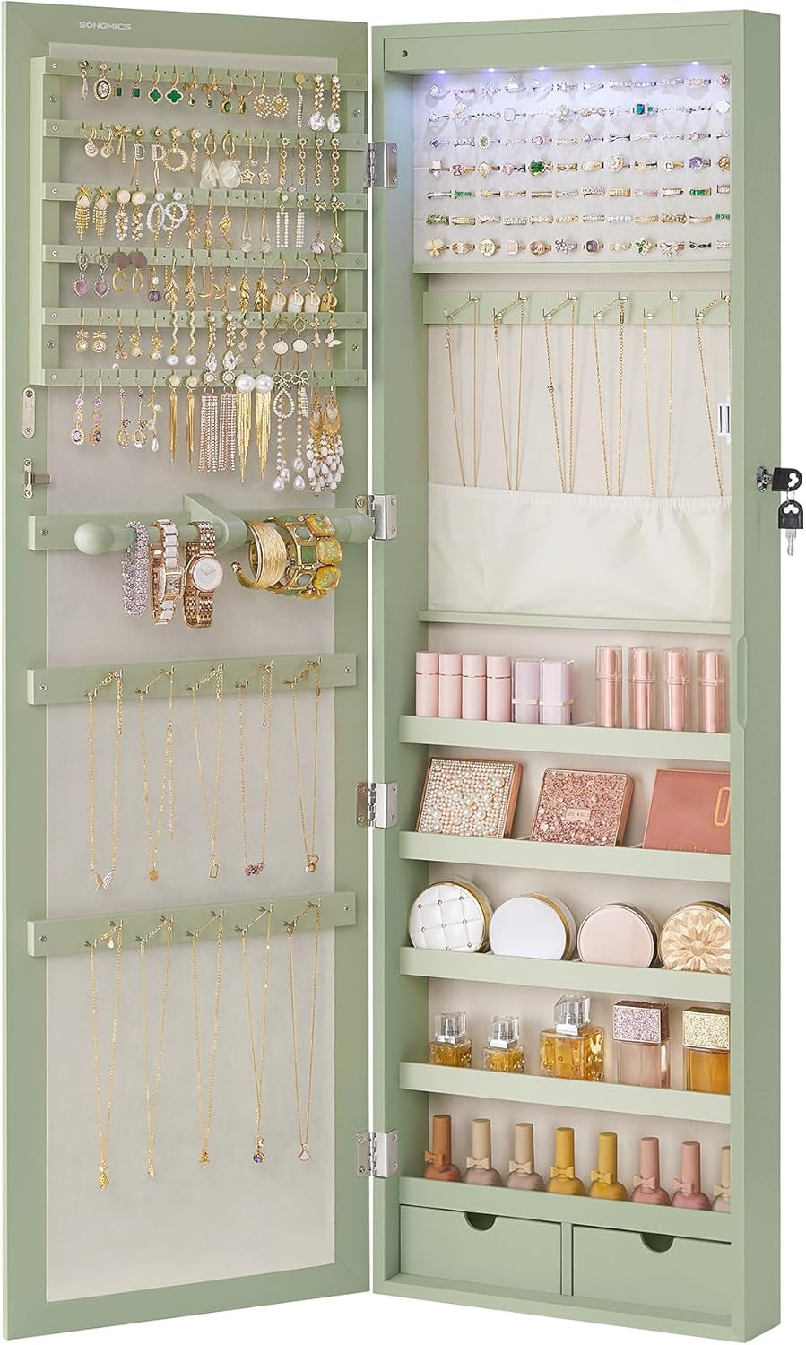 6 Leds Mirror Jewelry Cabinet, 47.2-Inch Tall Lockable Wall or Door Mounted Jewelry Armoire Organizer with Mirror, 2 Drawers, 3.9 X 14.6 X 47.2 Inches, White UJJC93W