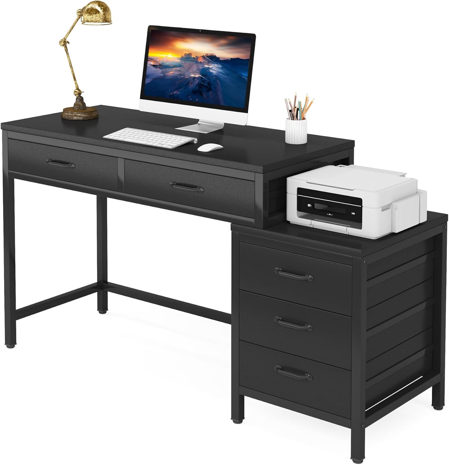 Computer Desk with 5 Drawers, Home Office Desks with Reversible Drawer Cabinet Printer Stand, Industrial PC Desk with Storage, Rustic Study Writing Table Workstation for Small Spaces, Black