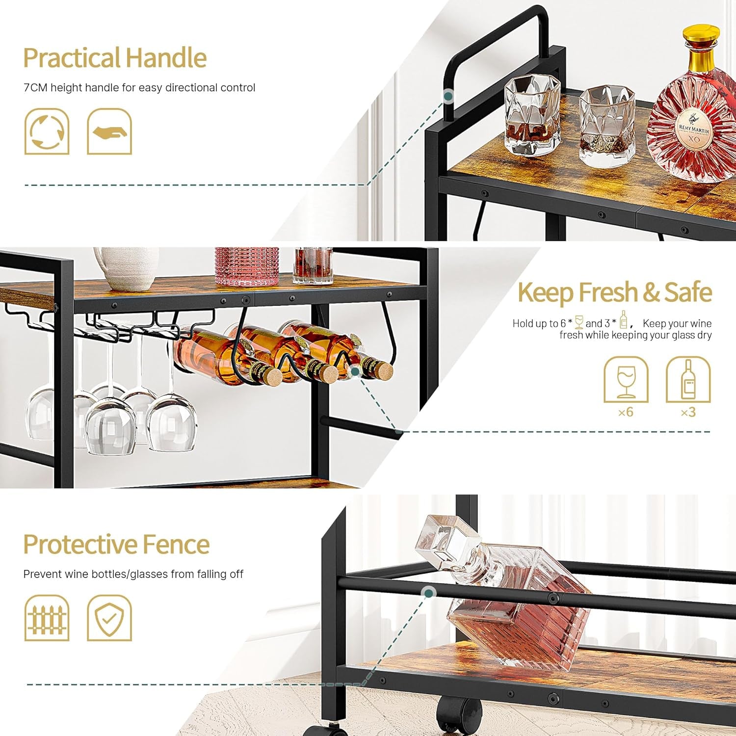 Bar Cart, Serving Cart for Home, Microwave Cart, Drink Cart, Mobile Kitchen Shelf with Wine Rack and Glass Holder, Rolling Beverage Cart for Dining Room(Rustic Brown and Black)