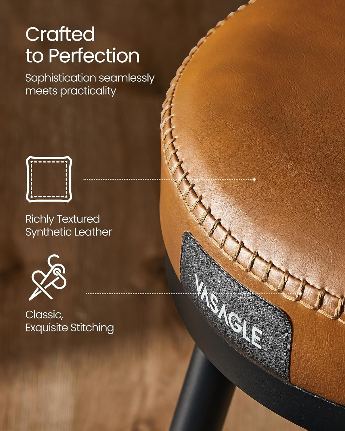 EKHO Collection - Swivel Bar Stools Set of 2, Bar Height Backless Bar Stools, Synthetic Leather with Stitching, Mid-Century Modern, 30-Inch Tall Kitchen Barstools for Home Bar, Caramel Brown