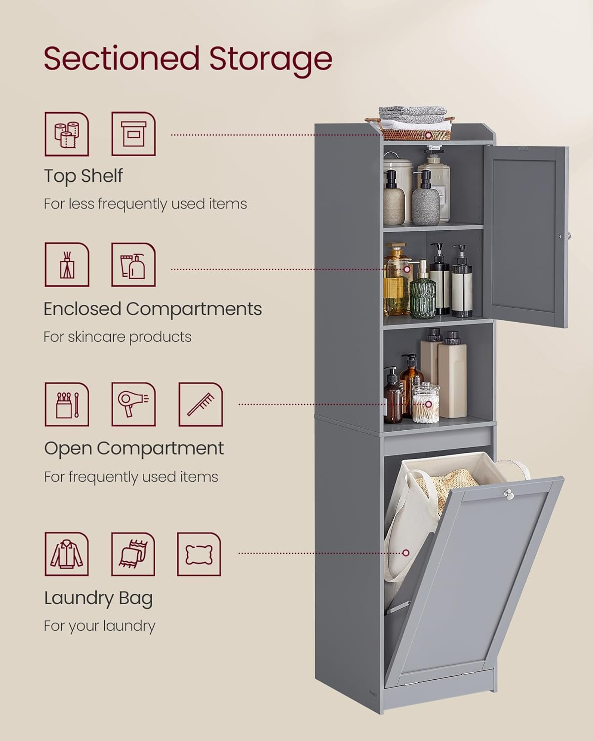 Tall Bathroom Cabinet with Laundry Basket, Removable Laundry Basket with Handles, Compartment with Door, Linen Tower, 15.8 X 15.8 X 66.9 Inches, Dove Gray UBBC761G02