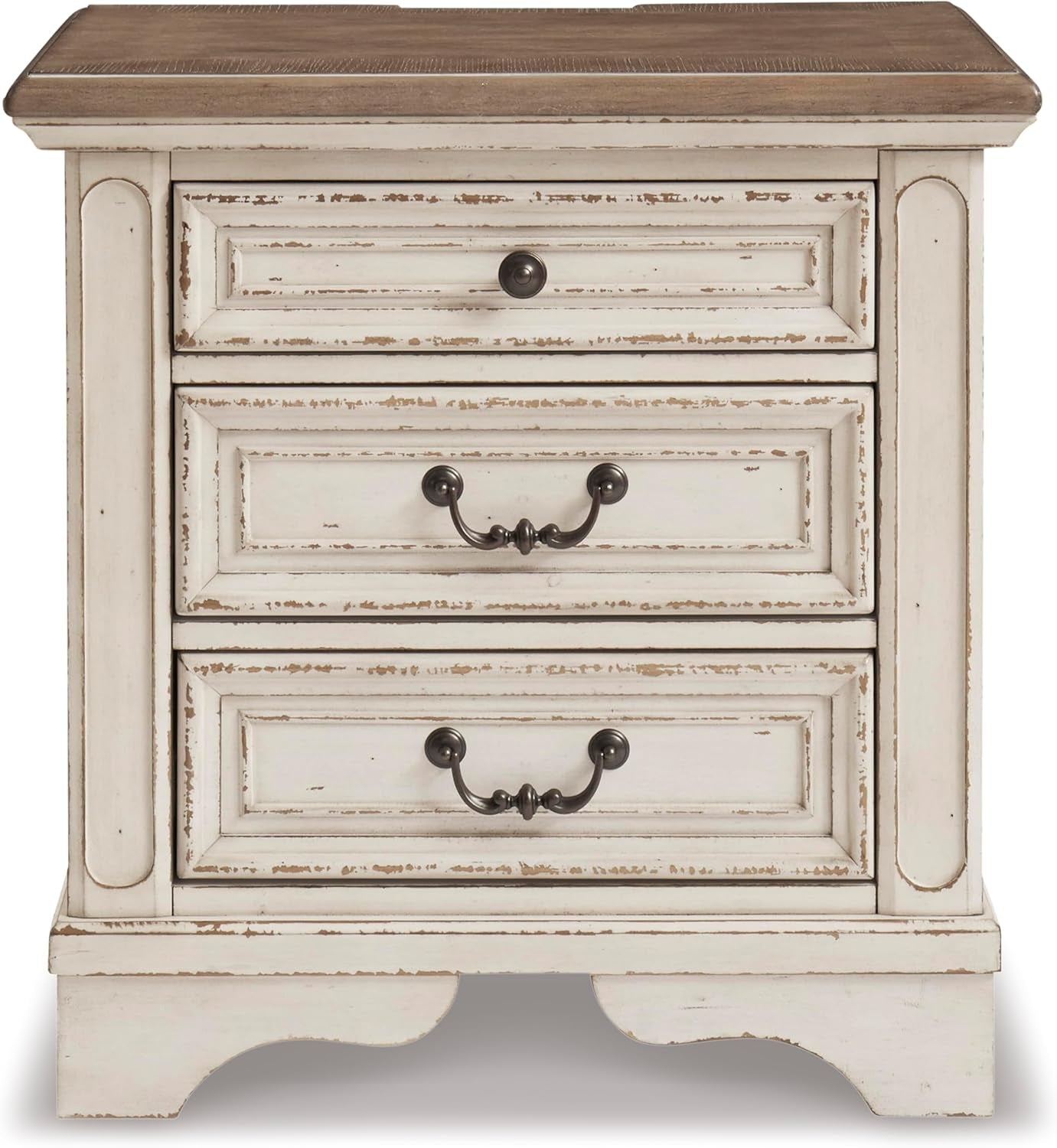 Realyn French Country 3 Drawer Nightstand with Electrical Outlets & USB Ports, 27.75" Tall, Chipped White