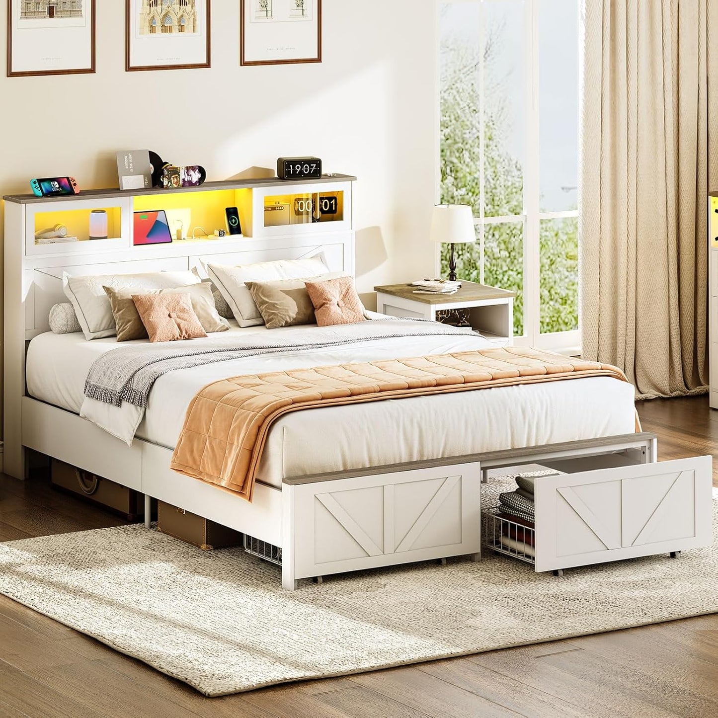 Queen Bed Frame with Headboard, Bed Frame Queen Size with Charging Station, LED Beds with 2 Storage Drawers, Wood Farmhouse Bedframe Queen-Size, Noise-Free and No Box Spring Needed