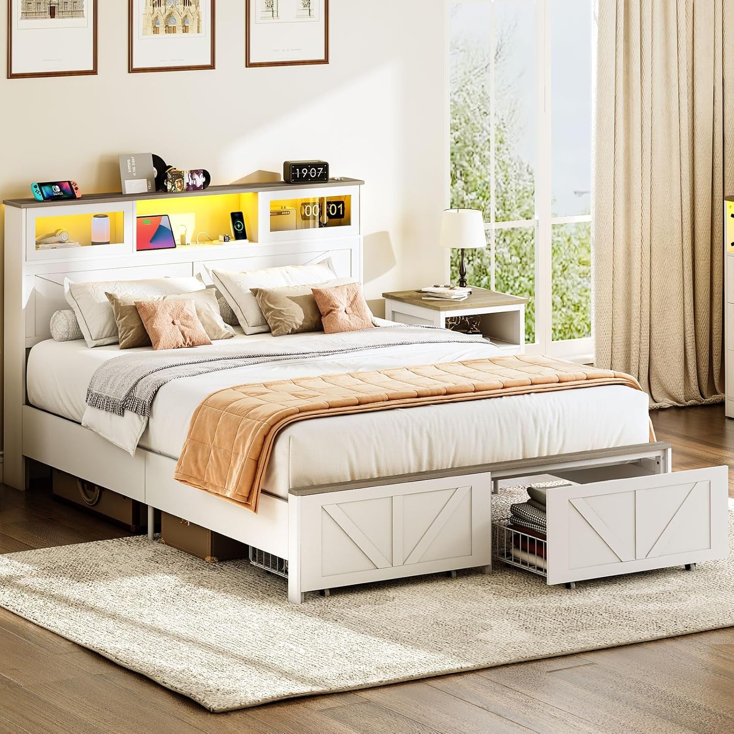 Queen Bed Frame with Headboard, Bed Frame Queen Size with Charging Station, LED Beds with 2 Storage Drawers, Wood Farmhouse Bedframe Queen-Size, Noise-Free and No Box Spring Needed