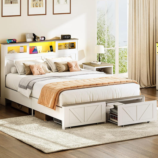Queen Bed Frame with Headboard, Bed Frame Queen Size with Charging Station, LED Beds with 2 Storage Drawers, Wood Farmhouse Bedframe Queen-Size, Noise-Free and No Box Spring Needed