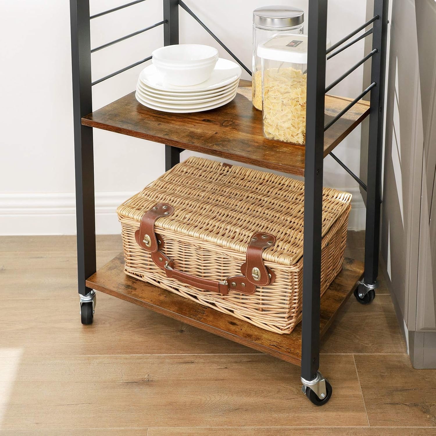 BRYCE Serving Cart, 3-Tier Kitchen Utility Cart on Wheels with Storage, for Living Room, Accent Furniture with Steel Frame, Industrial, Rustic Brown and Black ULRC78X