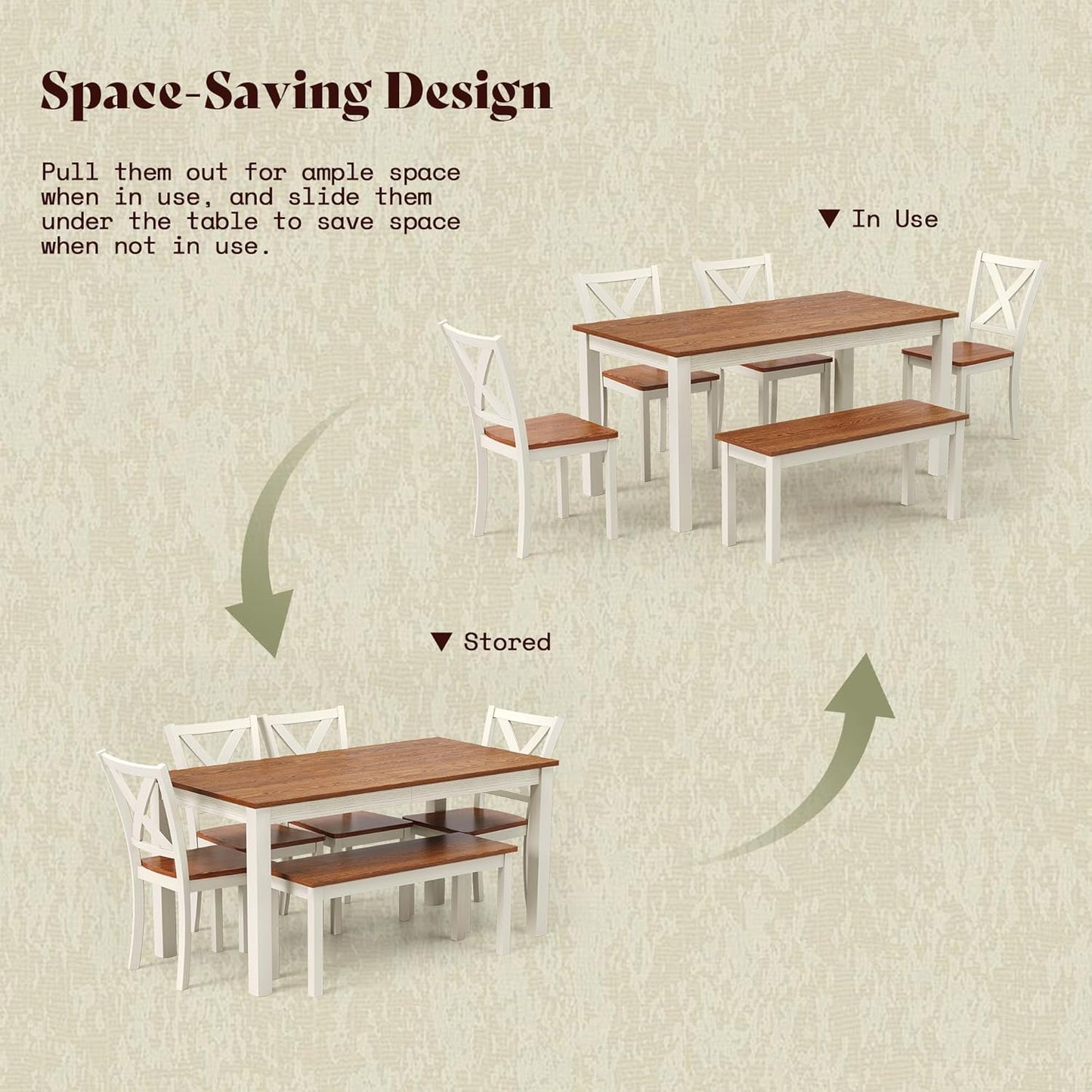 6-Piece Farmhouse Dining Table Set, 59" Wooden Table with 4 Chairs & Bench, Kitchen & Dining Room Set for 6, Space-Saving Rustic Dining Set, Walnut & Beige