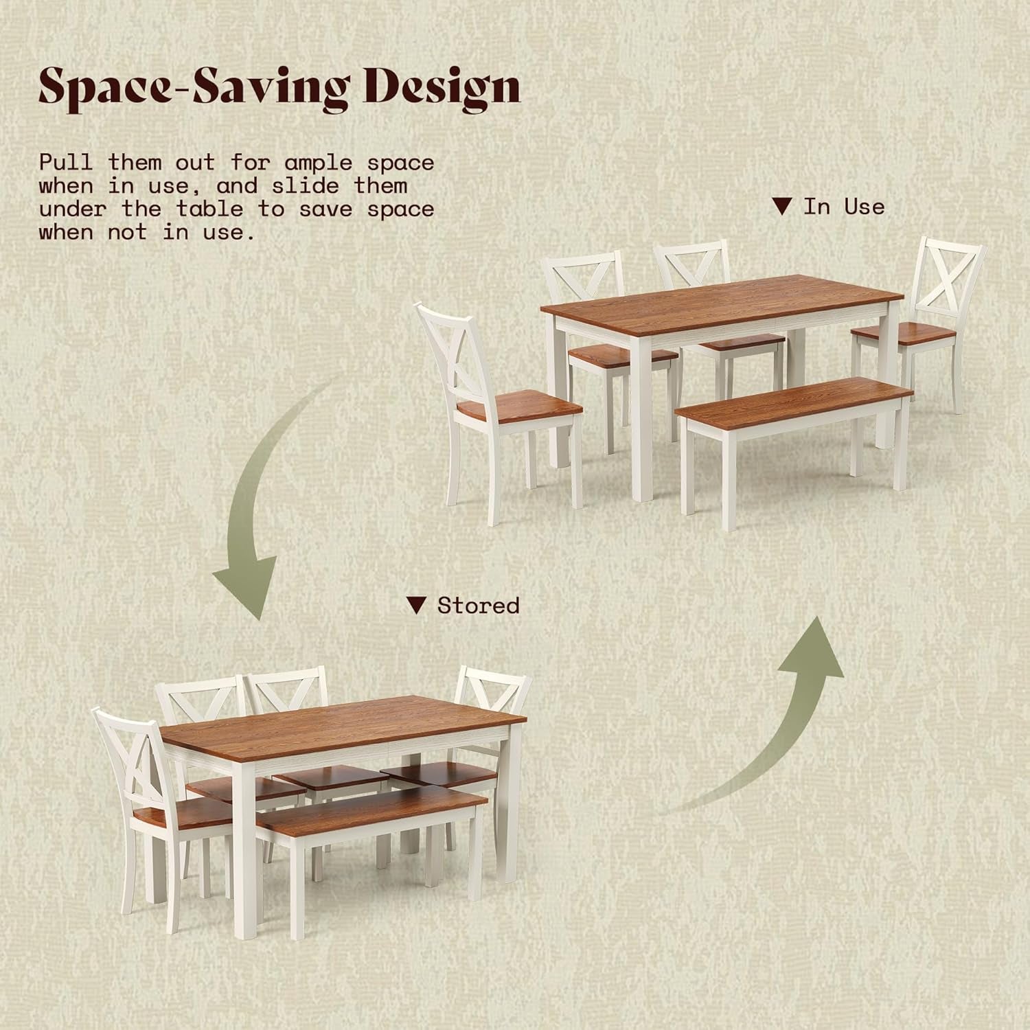 6-Piece Farmhouse Dining Table Set, 59" Wooden Table with 4 Chairs & Bench, Kitchen & Dining Room Set for 6, Space-Saving Rustic Dining Set, Walnut & Beige