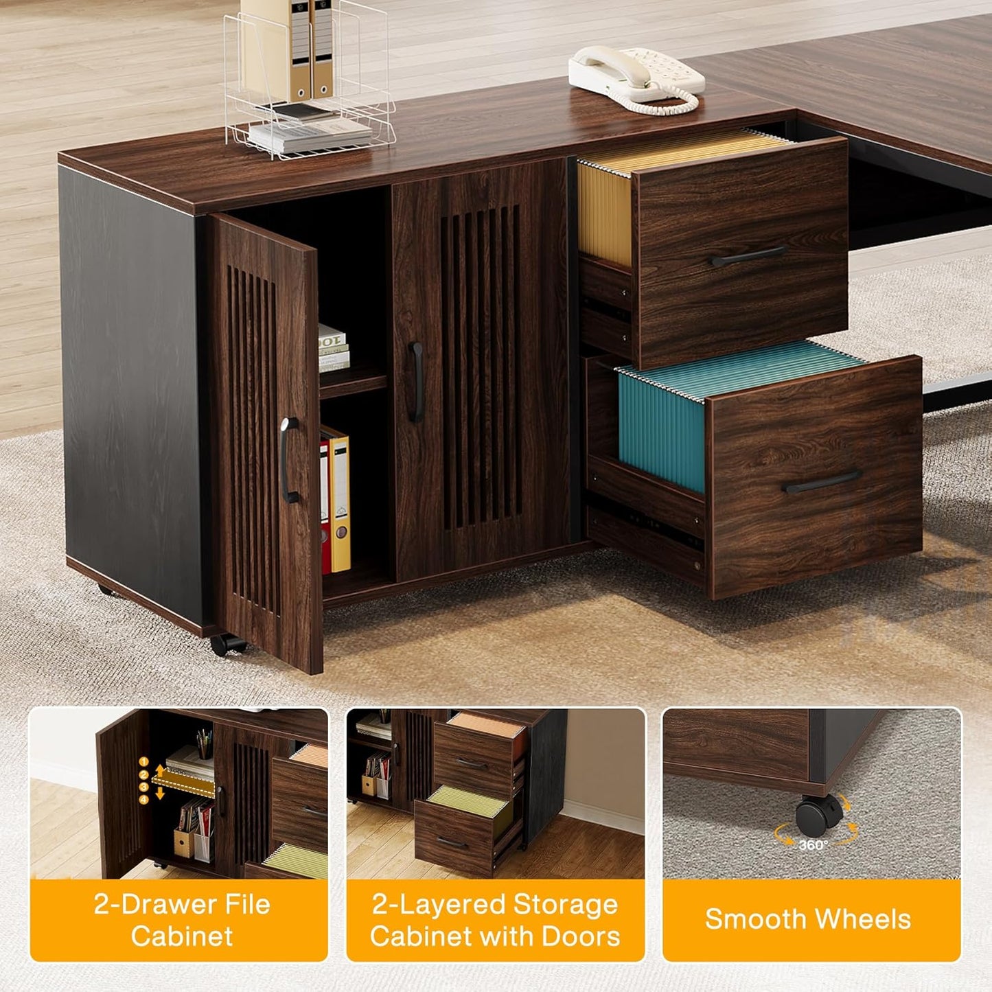 63-Inch L-Shaped Executive Desk with Mobile File Cabinet, Large Office Computer Desk, Business Furniture Table with Drawers and Storage Shelves for Home Office, Dark Walnut & Black
