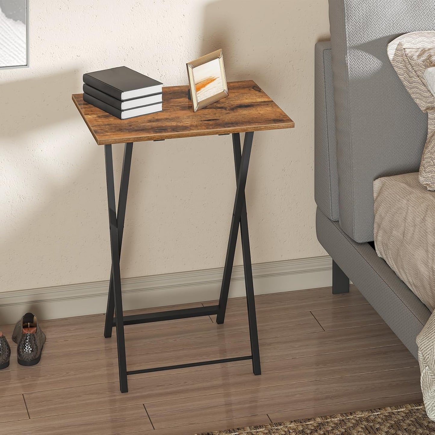 Folding TV Table, TV Tray, Stable Snack Table for Small Space, Portable Sofaside Desk, Easy Assembly and Storage, Ideal for Snacks and Meals in Living Room, Rustic Brown and Black BF15BZ01