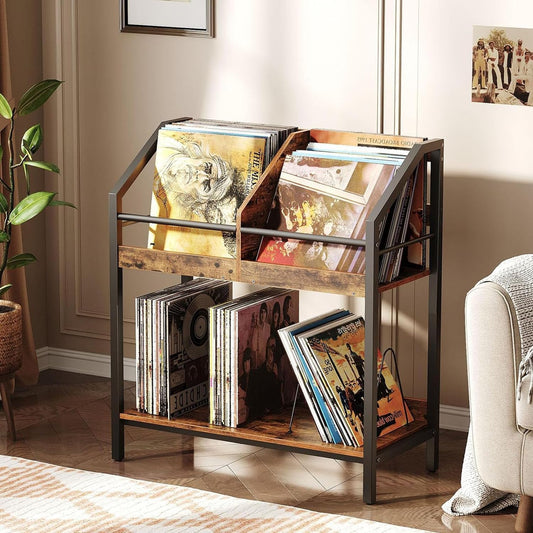 2-Tier Vinyl Record Storage Holder Rack, 250 LP Albums Display Shelf, Wooden Vinyl Storage Rack with Wire Dividers for Records, Cds, Books, Rustic Brown and Black TCW07BF