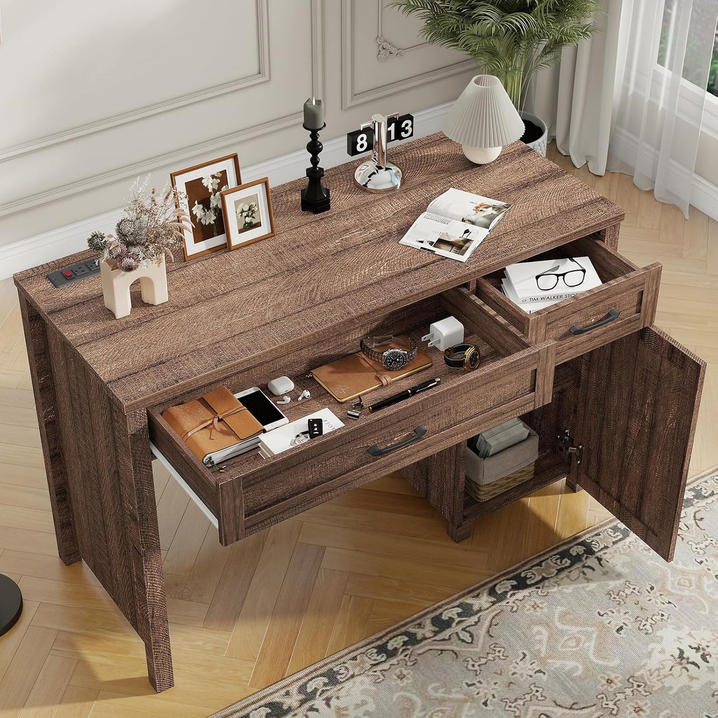 Farmhouse 47" Executive Desk, Computer Desk with Drawers and Storage Cabinet, Workstation Computer Desk for Home Office and Study.Red-Brown