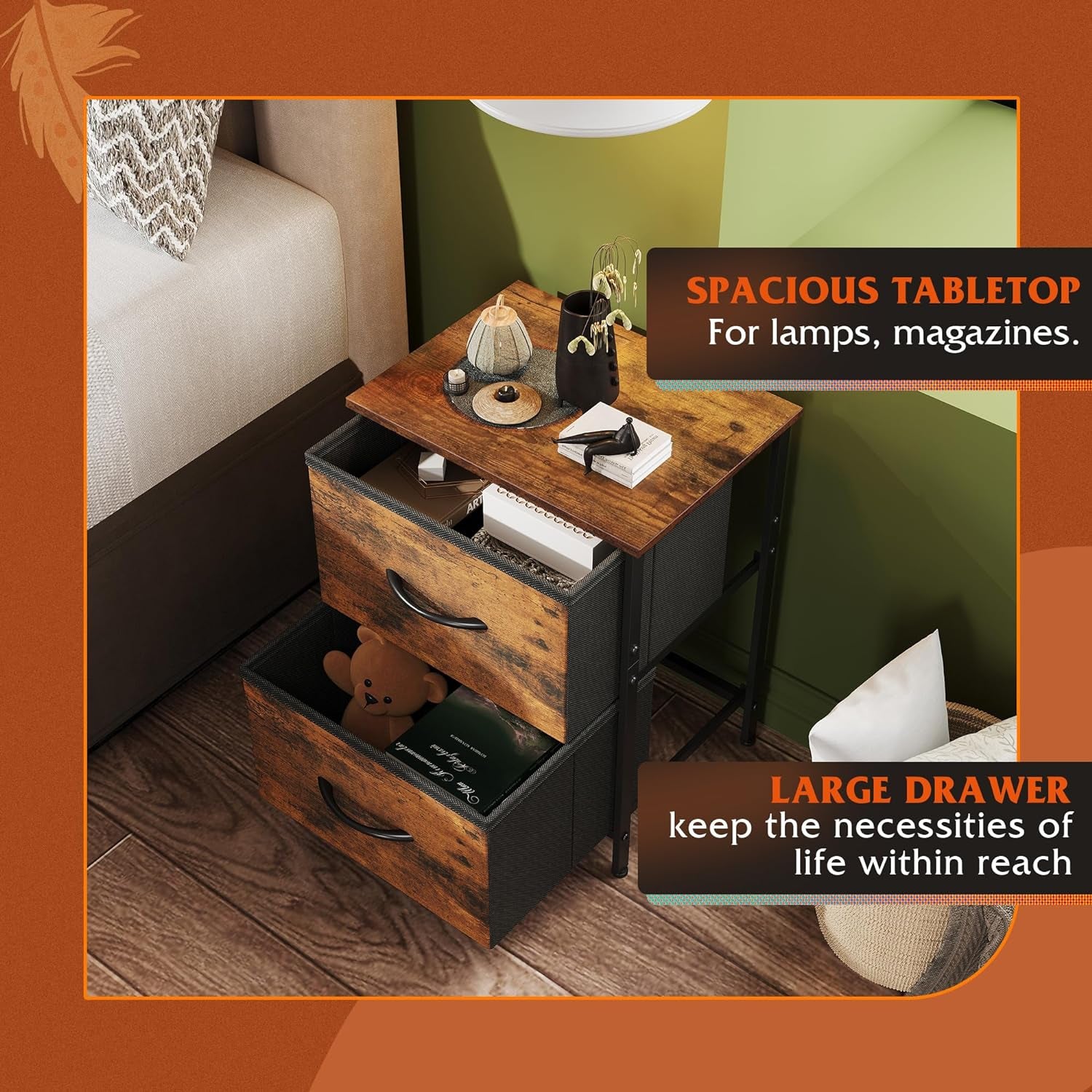 Night Stand, Small 2 Drawer Dresser, Nightstand with Fabric Bins for Bedroom, Closet, Dorm, Rustic Brown Wood Grain Print, 11.8" D X 15.7" W X 20.9" H