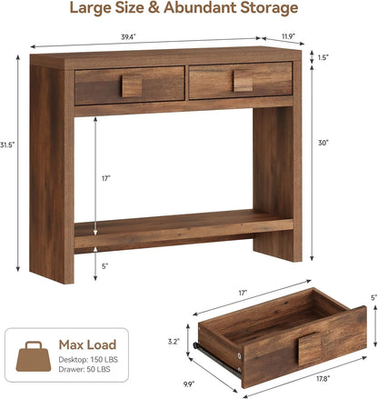 Console Table with Drawers, 40 Inch Narrow Entryway Table with Open Storage Shelves, Mid Century Modern Hallway Accent Tables behind Couch Table for Living Room (Vintage Brown)