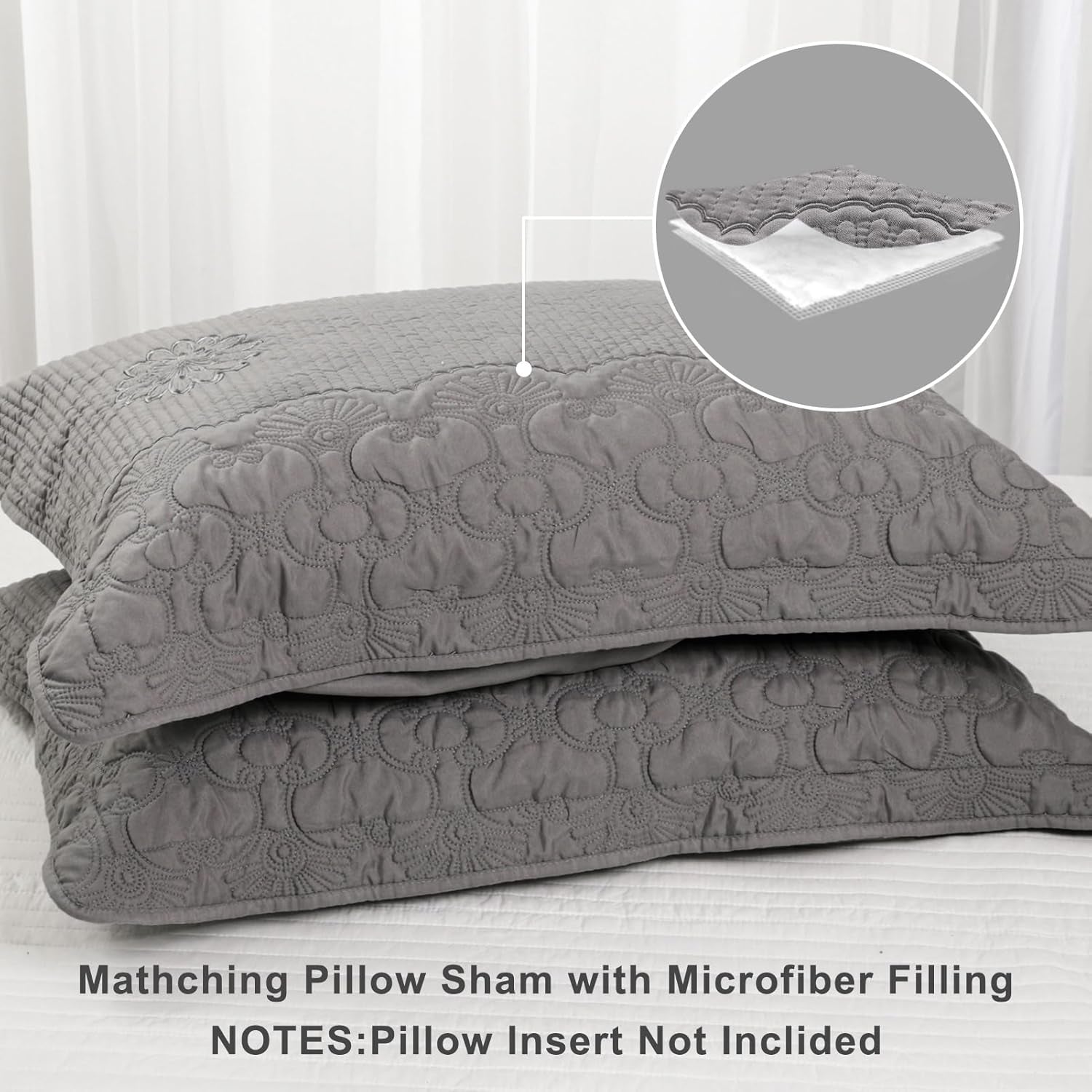 Pillow Shams King Size Set of 2, Ultra Soft Breathable Quilted Embroidery Pillow Cases 20 X 36 Inches for Sleeping, Decorative Microfiber Bed Pillowcases Easy Care, Gray