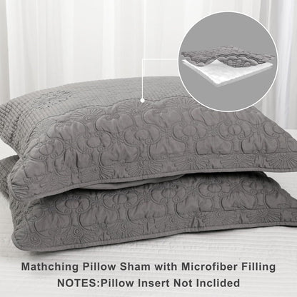 Pillow Shams King Size Set of 2, Ultra Soft Breathable Quilted Embroidery Pillow Cases 20 X 36 Inches for Sleeping, Decorative Microfiber Bed Pillowcases Easy Care, Gray