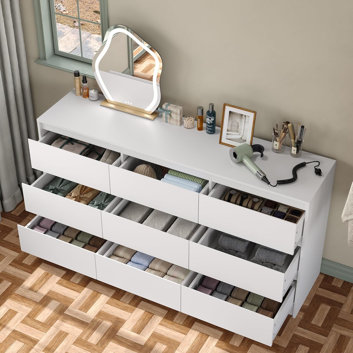 Modern 9 Large Storage Drawers Dresser for Clothes Organizer, White Modern Chest of Drawers for Closet,63" Long Drawer Organizer Cabinet for Bedroom,Living Room,Entryway,Hallway