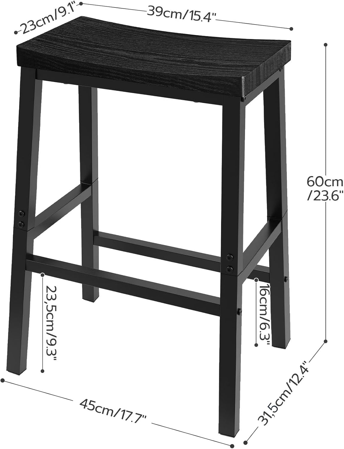 Bar Stools, Set of 2 Bar Chairs, 23.6 Inch Saddle Stools, Kitchen Counter Stools with Footrests, Industrial for Dining Room, Kitchen, Counter, Black BB02MD01