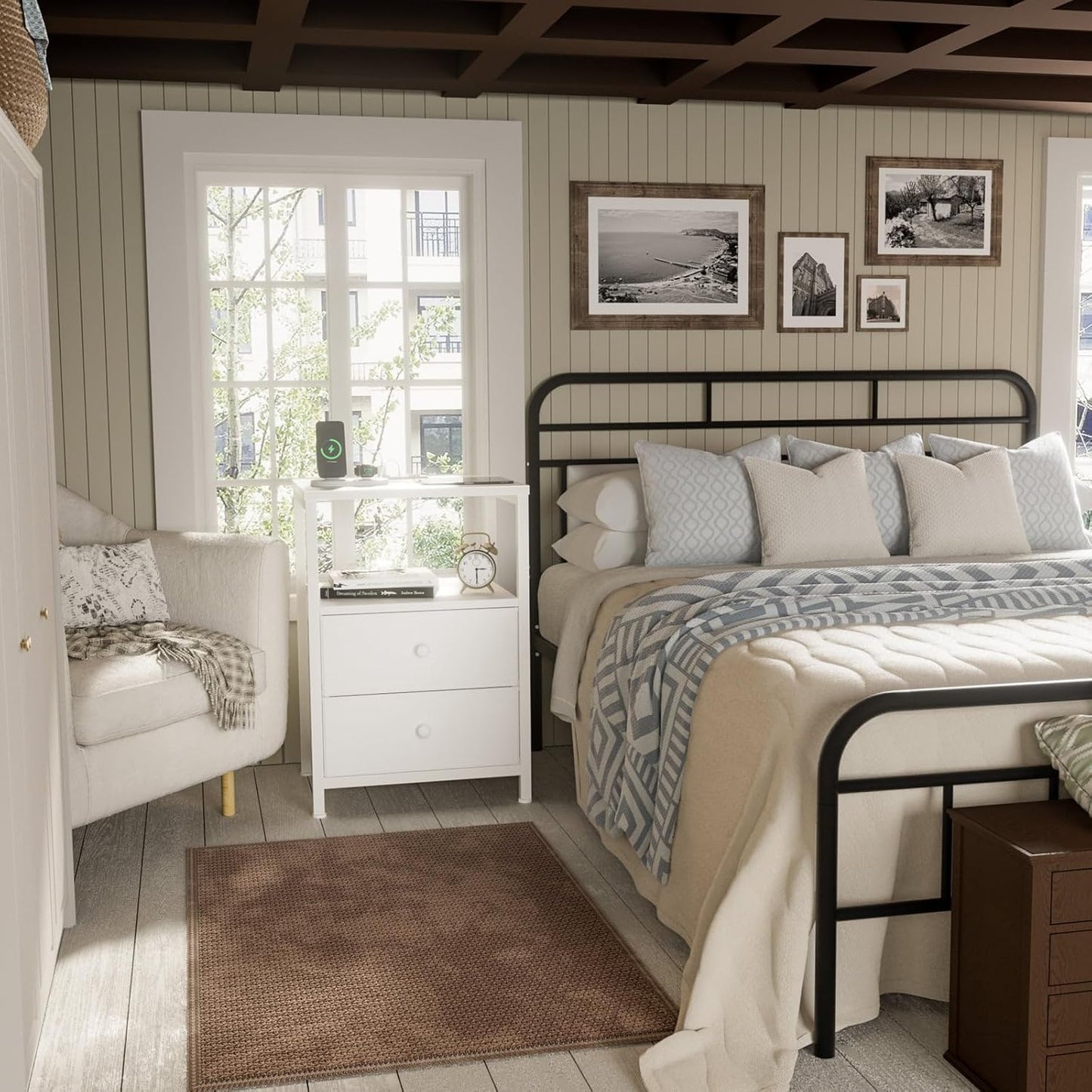 White Nightstand with Charging Station, LED Night Stand with 2 Fabric Drawers, Bedside Table with USB Ports and Outlets, Nightstand for Bedroom Modern