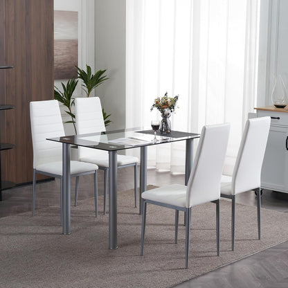 5-Piece Glass Dining Table Set with Glass Table and 4 Leather Chairs for Kitchen, Breakfast, Living Room; Space Saving(White Glass)