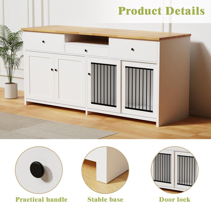 78" Double Door Dog Crate Furniture TV Stand, Heavy Duty Wooden Dog Kennel with 3 Drawers & 2 Cabinets, Extra Large Indoor Dog Cage for Medium/Large Dogs, White