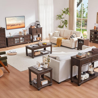 Farmhouse TV Stand and Coffee Table Set 4, Rustic Wood Living Room Table Set with TV Console, Center Table, End Table Set of 2 for Living Room, Walnut
