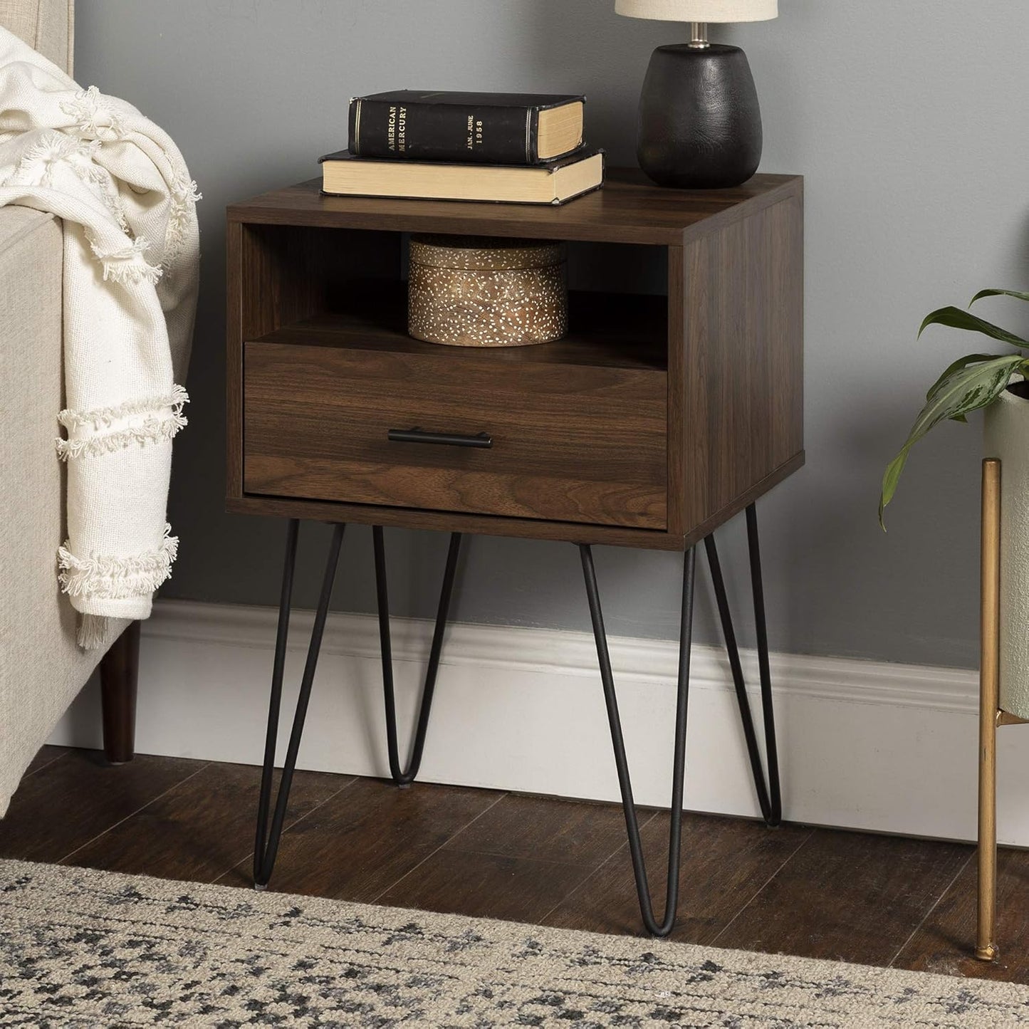 Croft Modern Small Bed Side Table Nightstand with Drawer Accent Table, 18 Inch, Dark Walnut