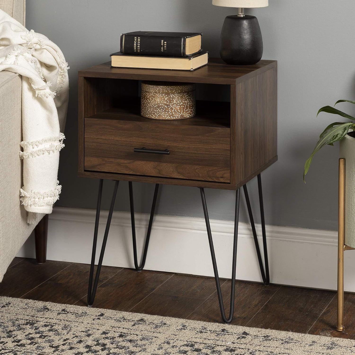 Croft Modern Small Bed Side Table Nightstand with Drawer Accent Table, 18 Inch, Dark Walnut