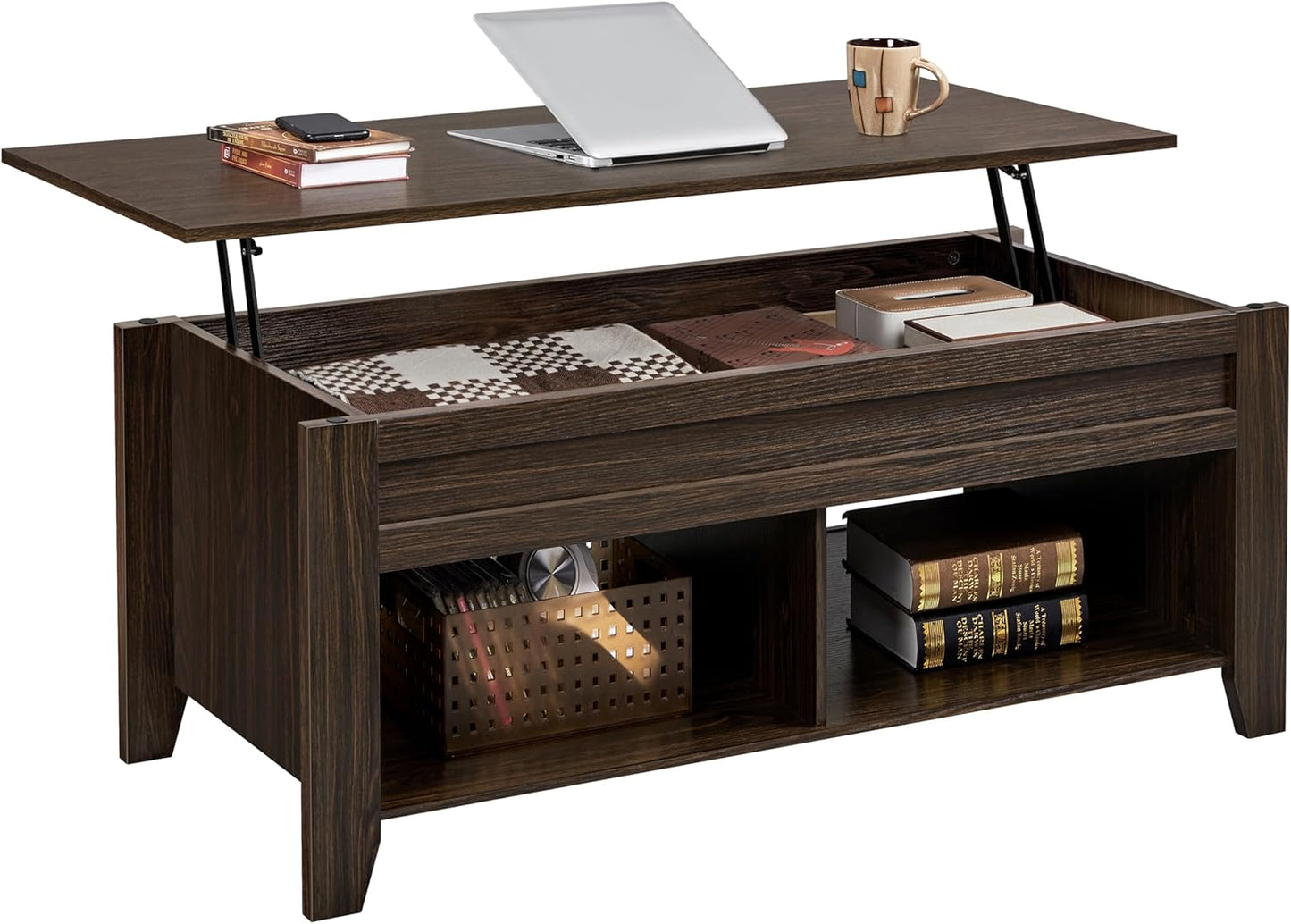 Lift Top Coffee Table with Hidden Storage Compartment & 2 Open Shelves, Rising Tabletop Pop up Center Table for Living Room Reception Room, 47.5'' L, Espresso