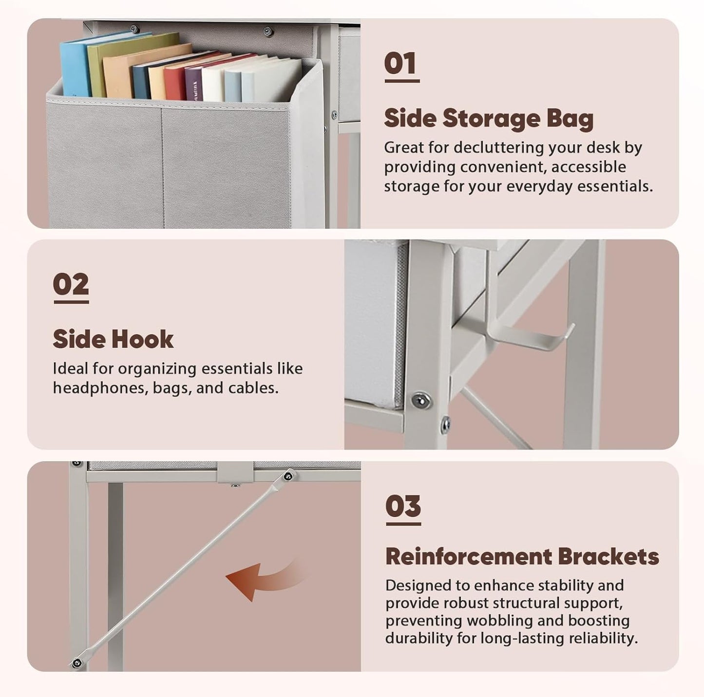 Small Computer Desk with Fabric Drawers for Small Space, 31.5 Inch Home Office Desk with Storage Bag & Metal Hanger, Sturdy Writing Desk for Students, Easy Assembly Modern Design Desk, White