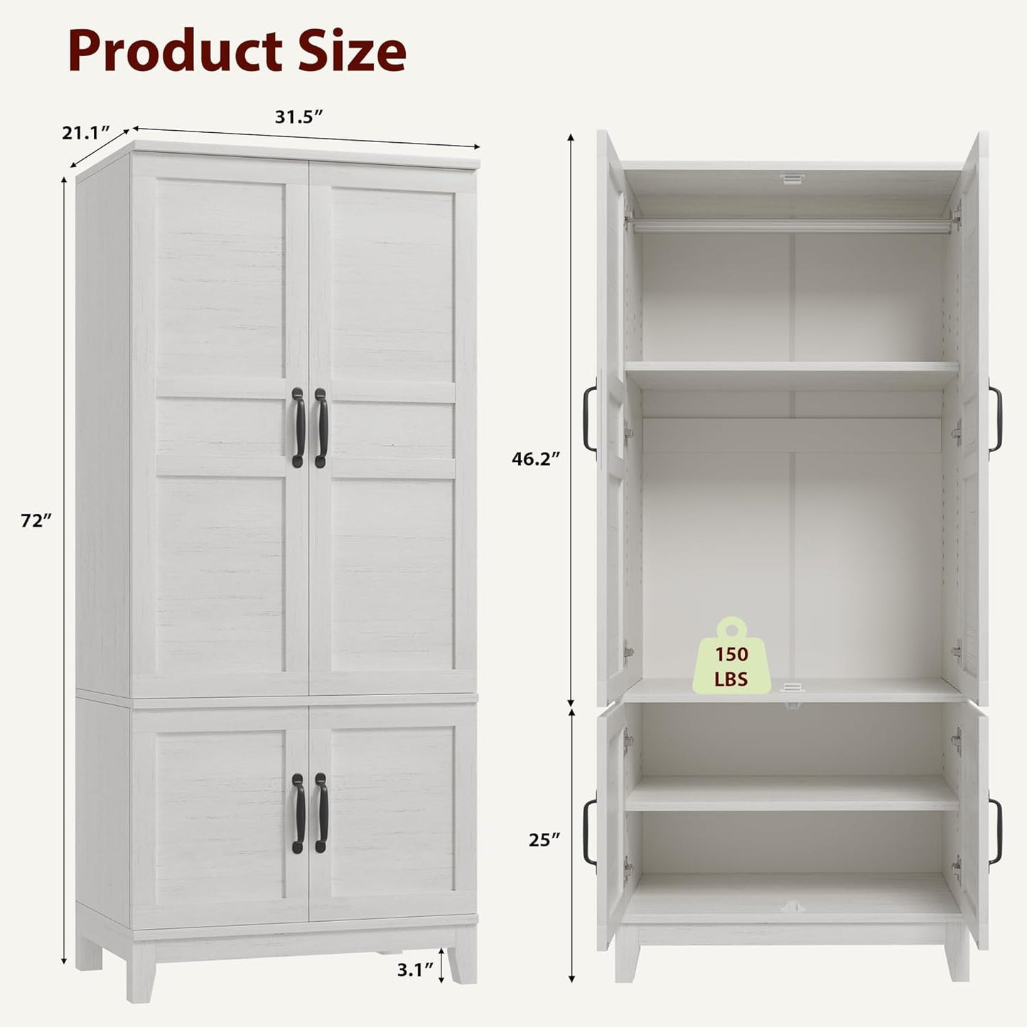 Armoire Wardrobe Closet with 4 Doors,72" Wooden Wardrobe Cabinet with Hanging Rod, Freestanding Tall Clothing Armoire Cabinet with 18 Adjustable Shelves for Bedroom, Clothes, Rustic White