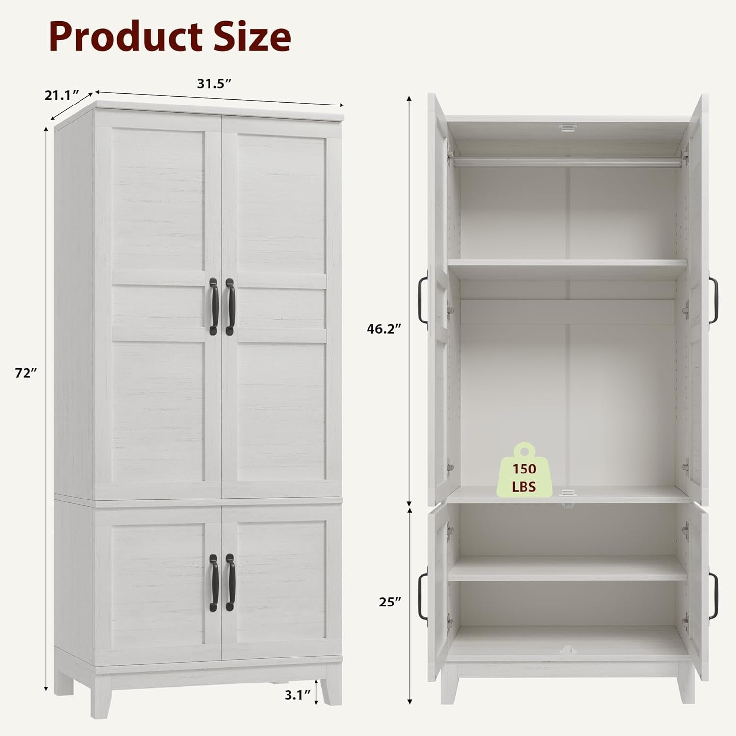 Armoire Wardrobe Closet with 4 Doors,72" Wooden Wardrobe Cabinet with Hanging Rod, Freestanding Tall Clothing Armoire Cabinet with 18 Adjustable Shelves for Bedroom, Clothes, Rustic White
