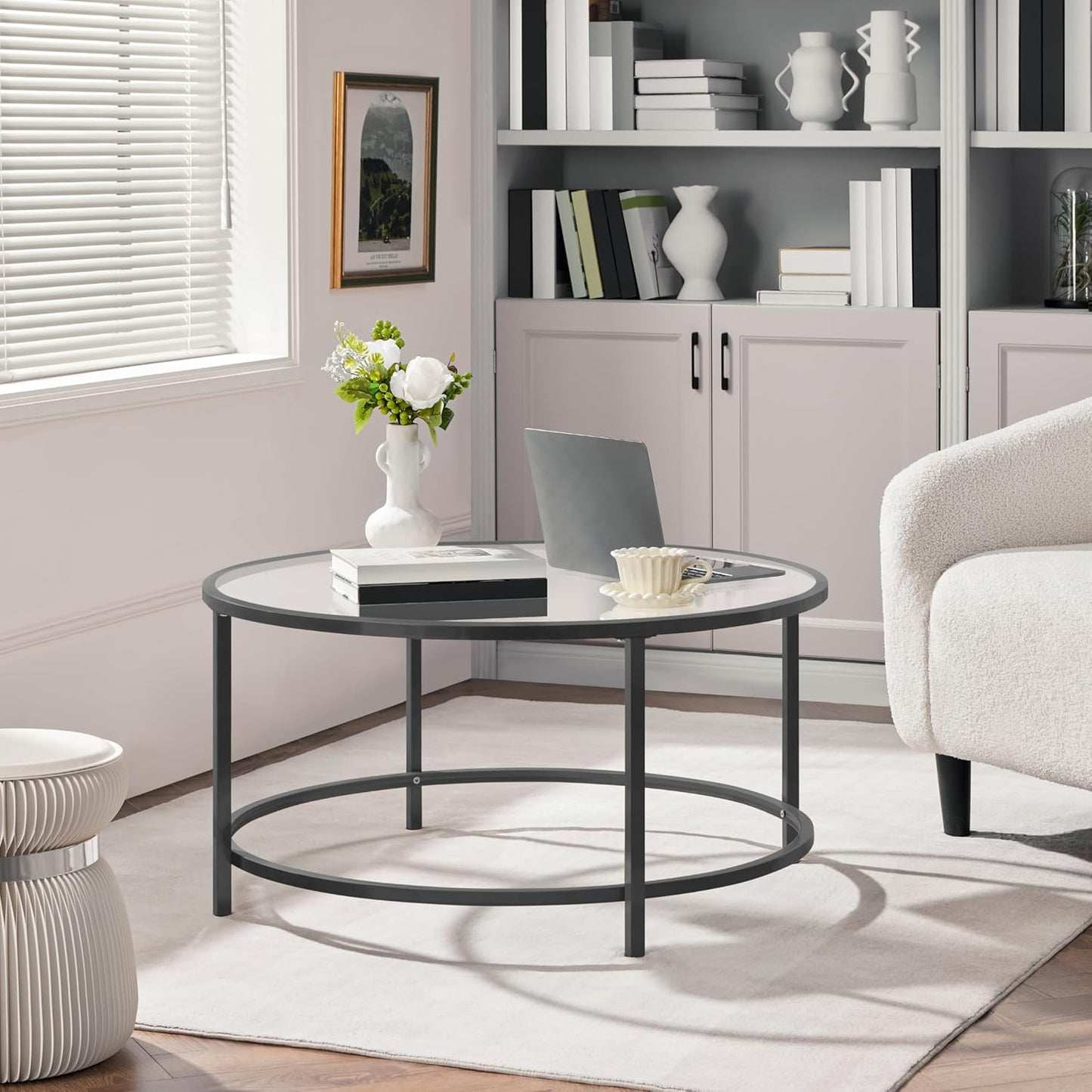 36" round Glass Coffee Table, Black Circle Coffee Table Center Table with Glass Top, Small Coffee Table for Living Room, Office & Apartment