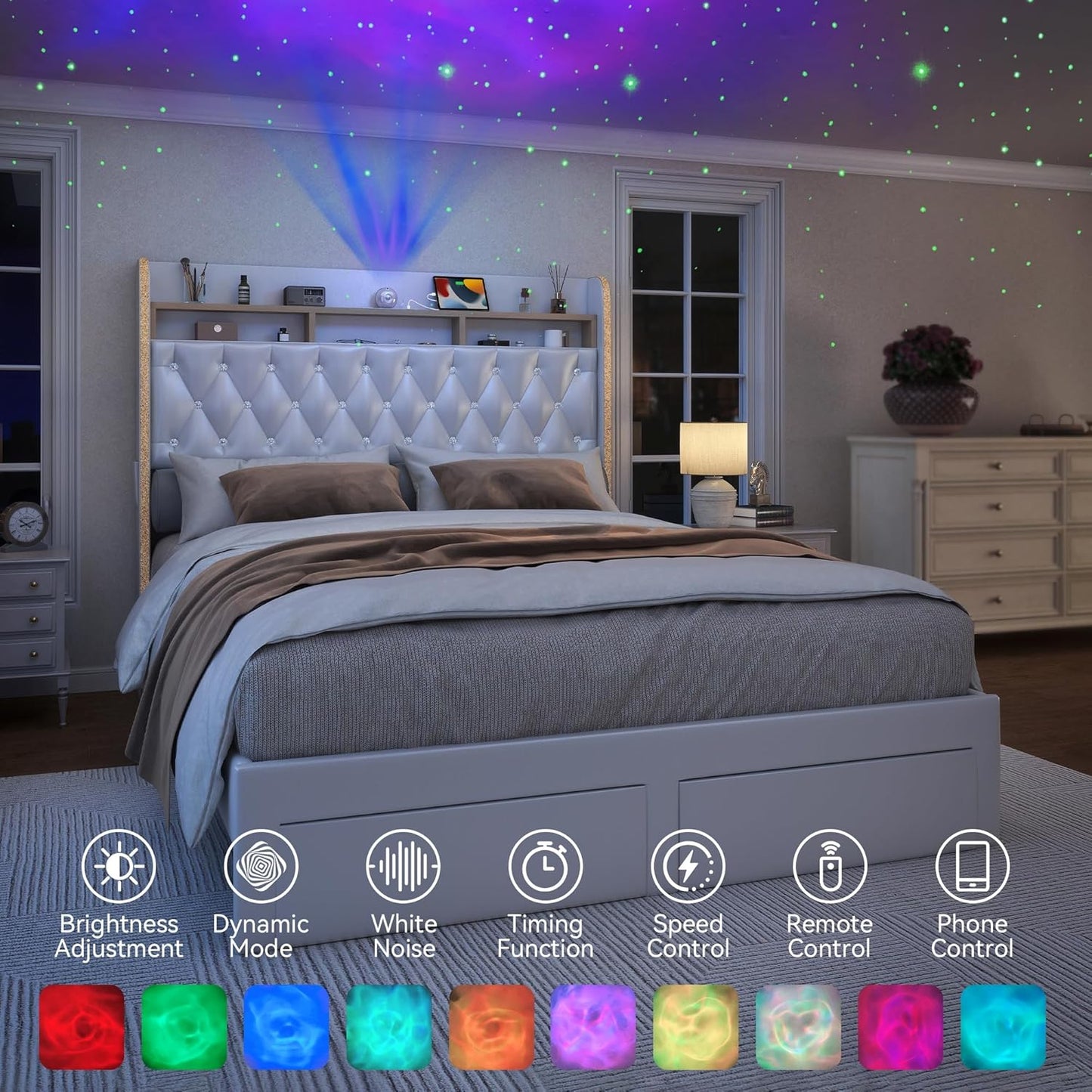 Queen LED Bed Frame with 2 Drawers, 53" Tall Platform Beds with Galaxy Star Projector Charging Station, PU Upholstered Diamond Tufted Aurora Bedframe with Storage Headboard, White