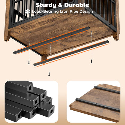 Dog Crate Furniture, Wooden Dog Kennel Indoor with Adjustable 360°& Height Dog Bowls, Double Doors Furniture Dog Crates End Table for Small/Medium 31.5" L*22.5" W*25.6" H, Grey