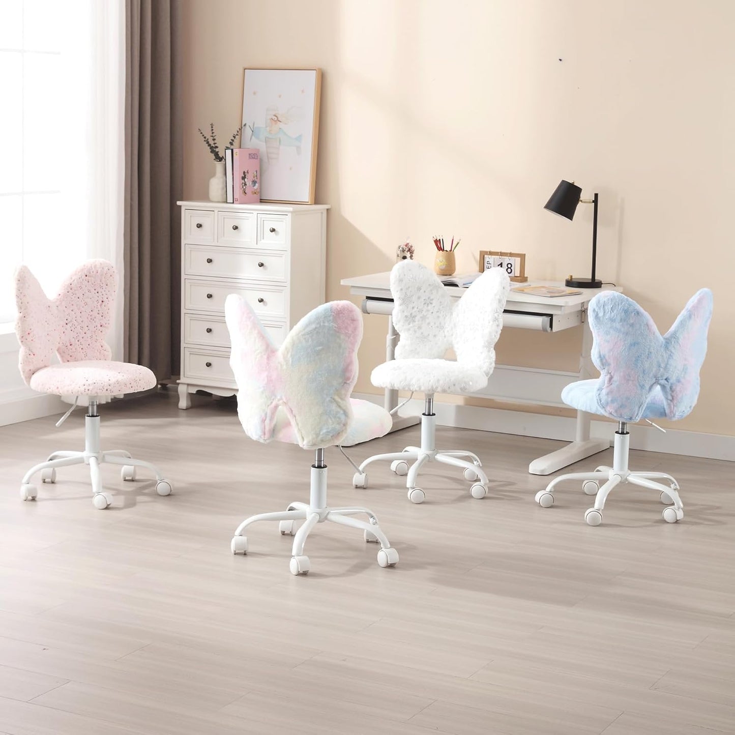 Butterfly Kids Desk & Chair - Adjustable, Swivel, Furry, Blue - Home, Bedroom, School, Dorm