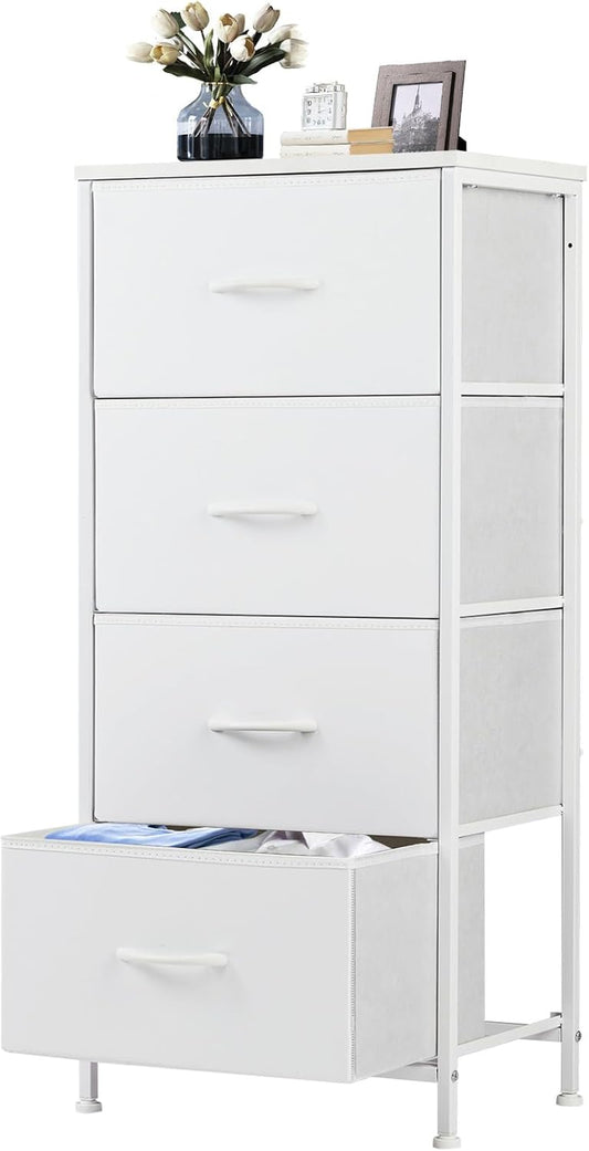 Nightstand with 4 Drawers Bedside Table with Removable Fabric Bins Sturdy Steel Frame Wood Top Organizer Furniture for Bedroom Nursery Closet Living Room