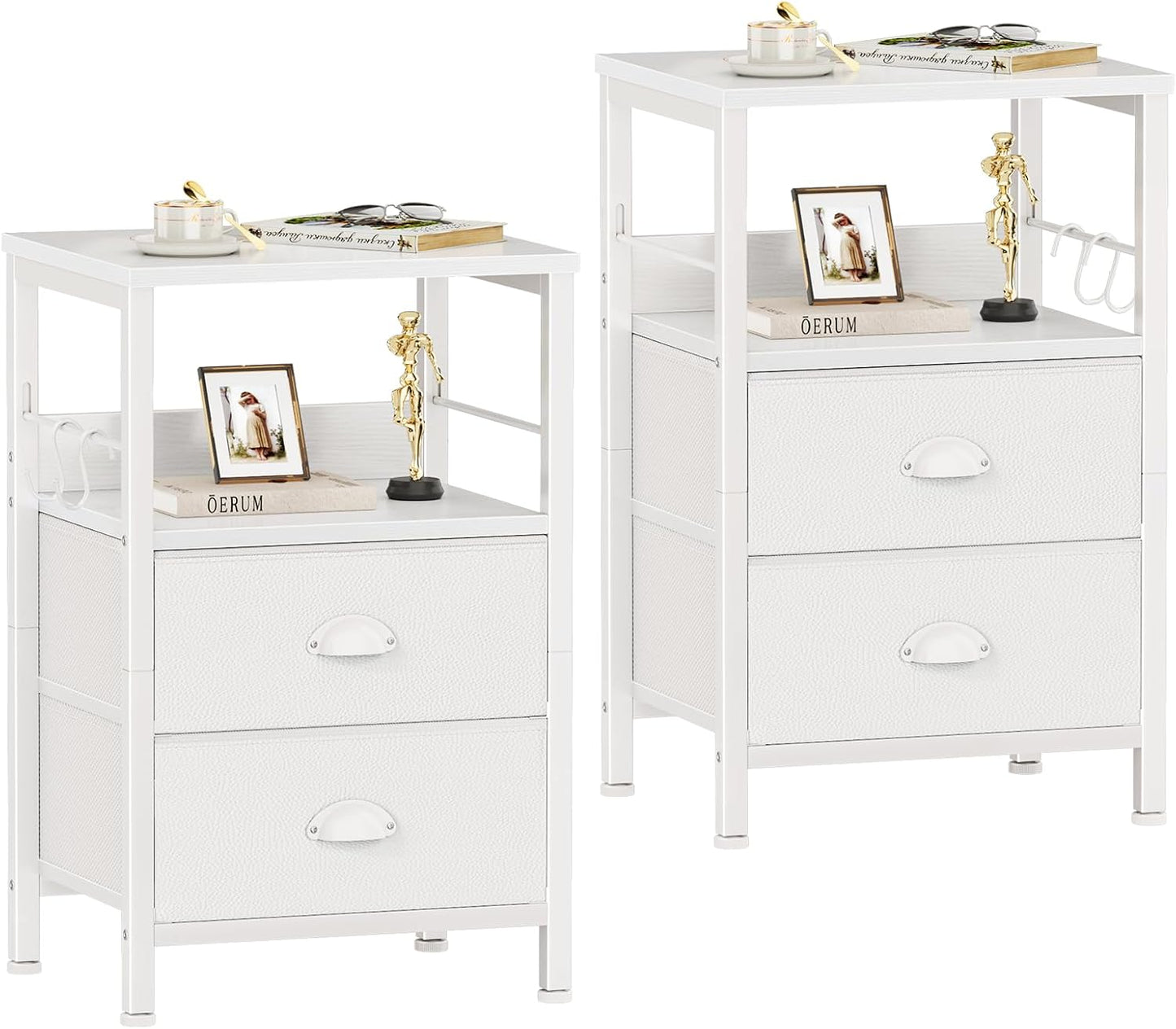 Nightstands Set of 2, End Table with 2 Fabric Drawers, Night Stand with 2 Hooks, Open Wood Shelf Bedside Table for Bedroom/Living Room/White