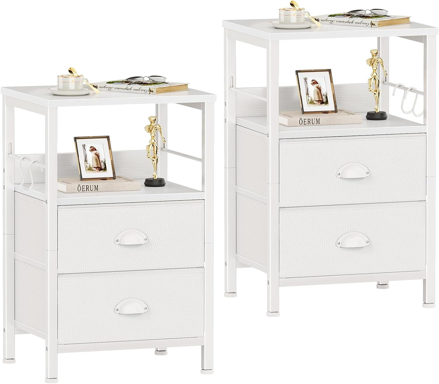 Nightstands Set of 2, End Table with 2 Fabric Drawers, Night Stand with 2 Hooks, Open Wood Shelf Bedside Table for Bedroom/Living Room/White