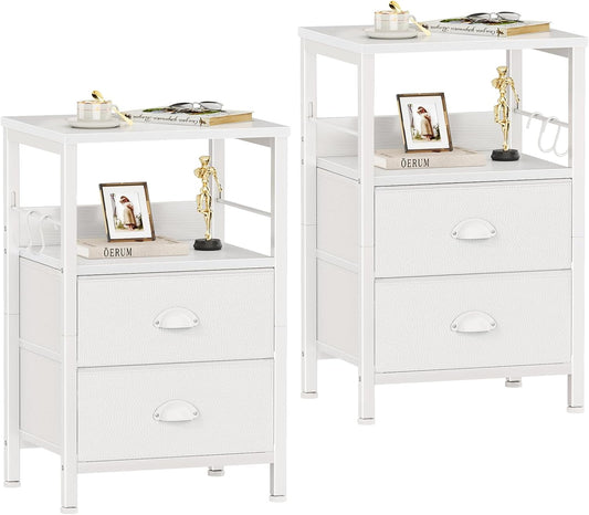 Nightstands Set of 2, End Table with 2 Fabric Drawers, Night Stand with 2 Hooks, Open Wood Shelf Bedside Table for Bedroom/Living Room/White