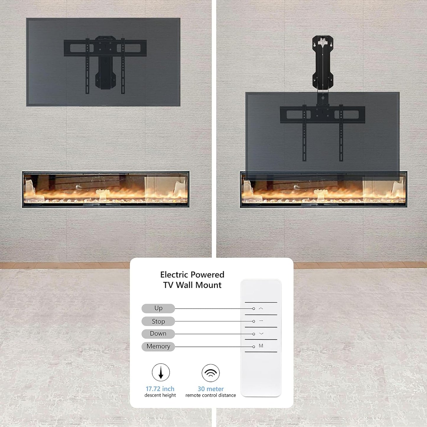 Motorized Fireplace TV Wall Mount for 32 to 75 Inch Screen up to 88 Lbs, Drop down TV Mount Height-Adjustable, Black