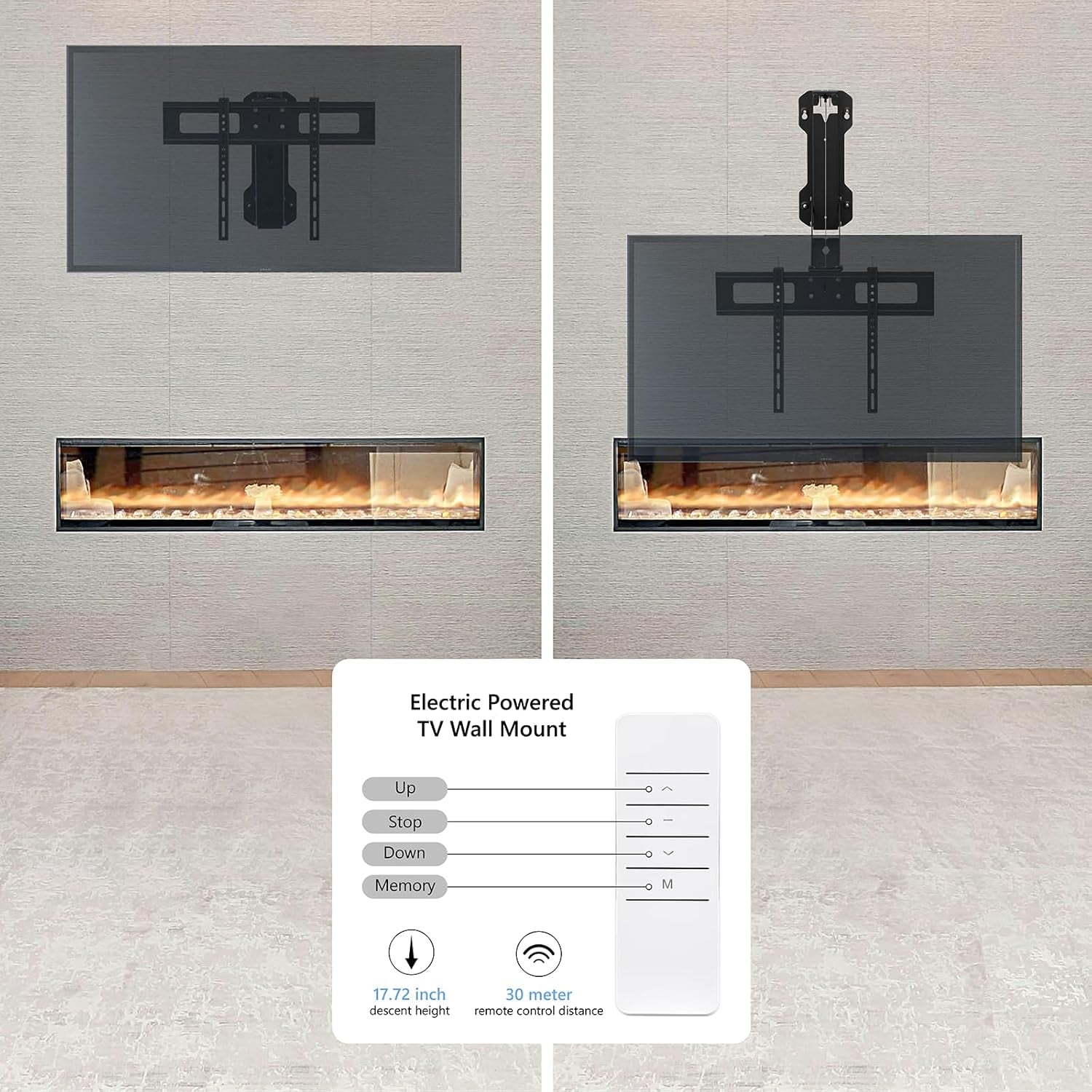 Motorized Fireplace TV Wall Mount for 32 to 75 Inch Screen up to 88 Lbs, Drop down TV Mount Height-Adjustable, Black