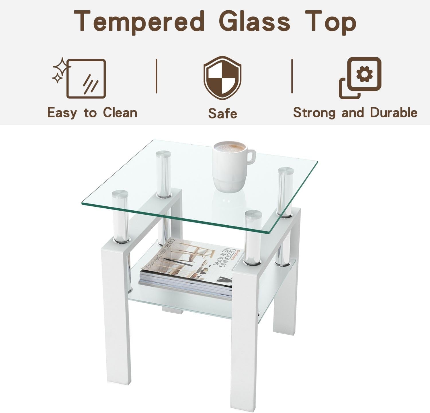 Glass Coffee Table and End Table Set of 3, Modern Living Room Table Set with Tempered Glass & Metal Frame, Double-Layer Side Tables (Clear Glass + White Leg, Set of 3)