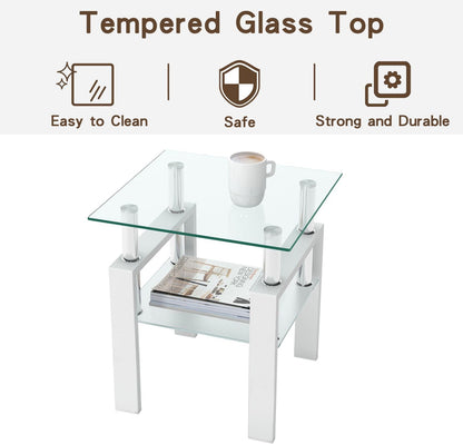 Glass Coffee Table and End Table Set of 3, Modern Living Room Table Set with Tempered Glass & Metal Frame, Double-Layer Side Tables (Clear Glass + White Leg, Set of 3)