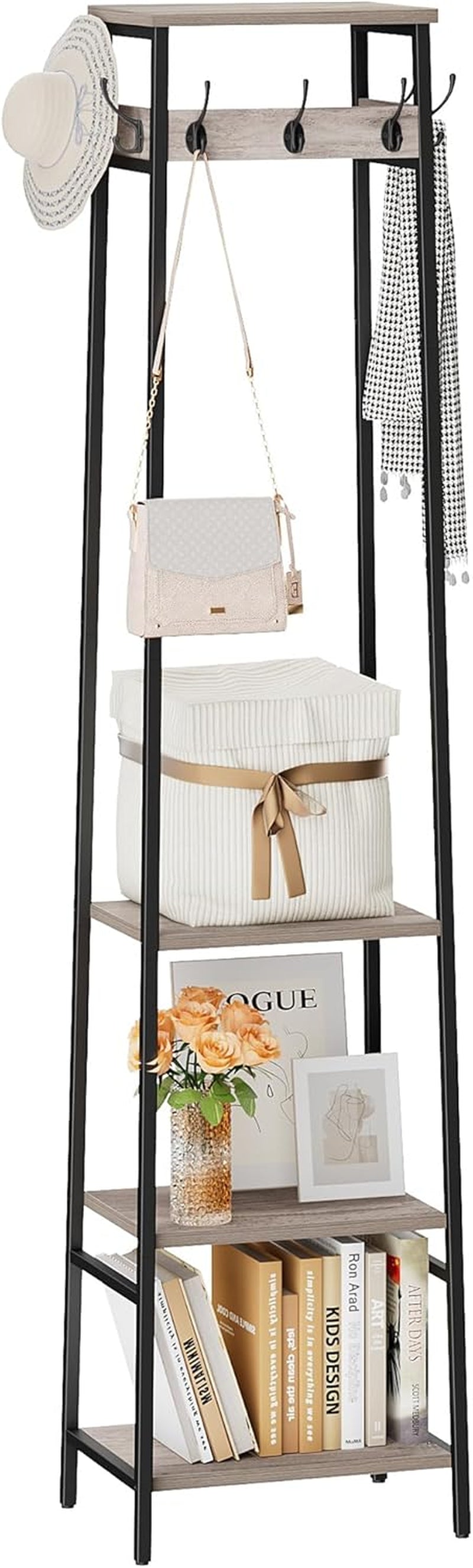 Coat Rack Freestanding, Coat Stand with 3 Shelves and 7 Hooks, Hall Tree Free Standing, Clothes Rack Stand Organizer, Industrial Style, Greige and Black