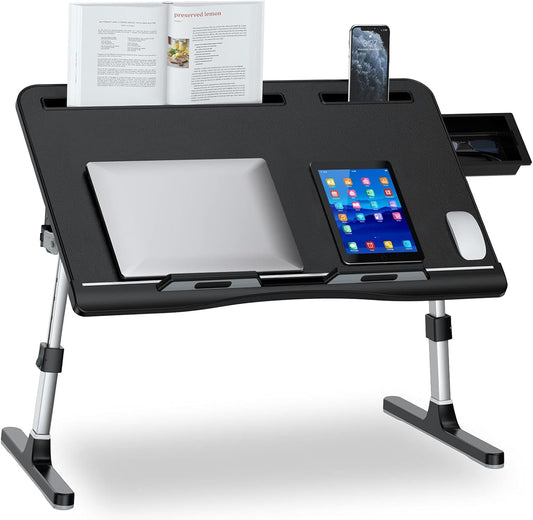 Laptop Bed Desk, X-Large Leather Adjustable Computer Bed Table Tray, Foldable Laptop Lap Desk for Bed Sofa Couch Floor Writing Eating Working with Drawer 2 Movable Stoppers (23.6 Inch, Black)