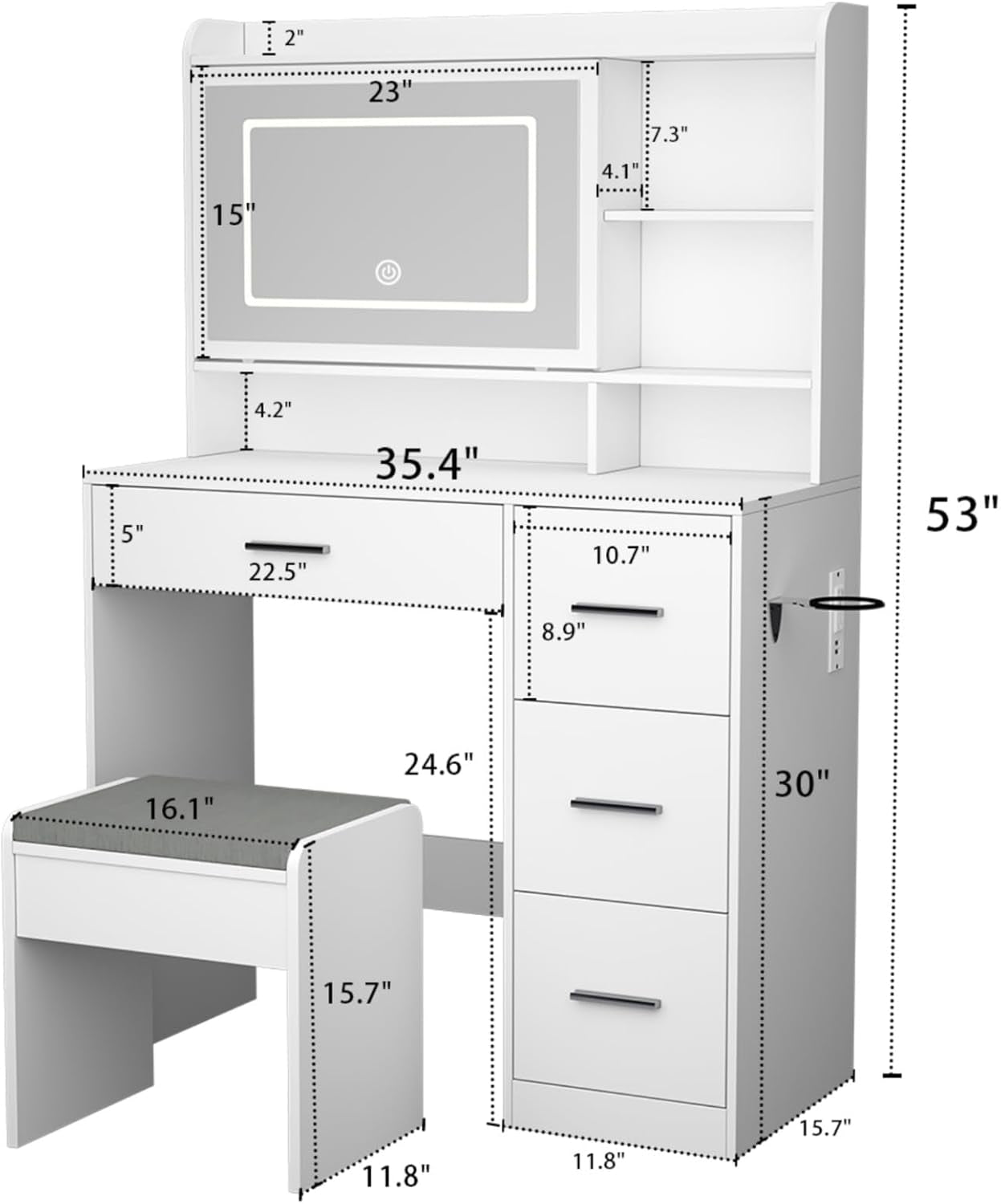 Vanity Desk with a Mirror and Lights，With Chair and Four Drawers, Three Adjustable Lighting Modes，With Power Outlet and Sliding LED Mirror,Bedroom Vanity Desk (White)
